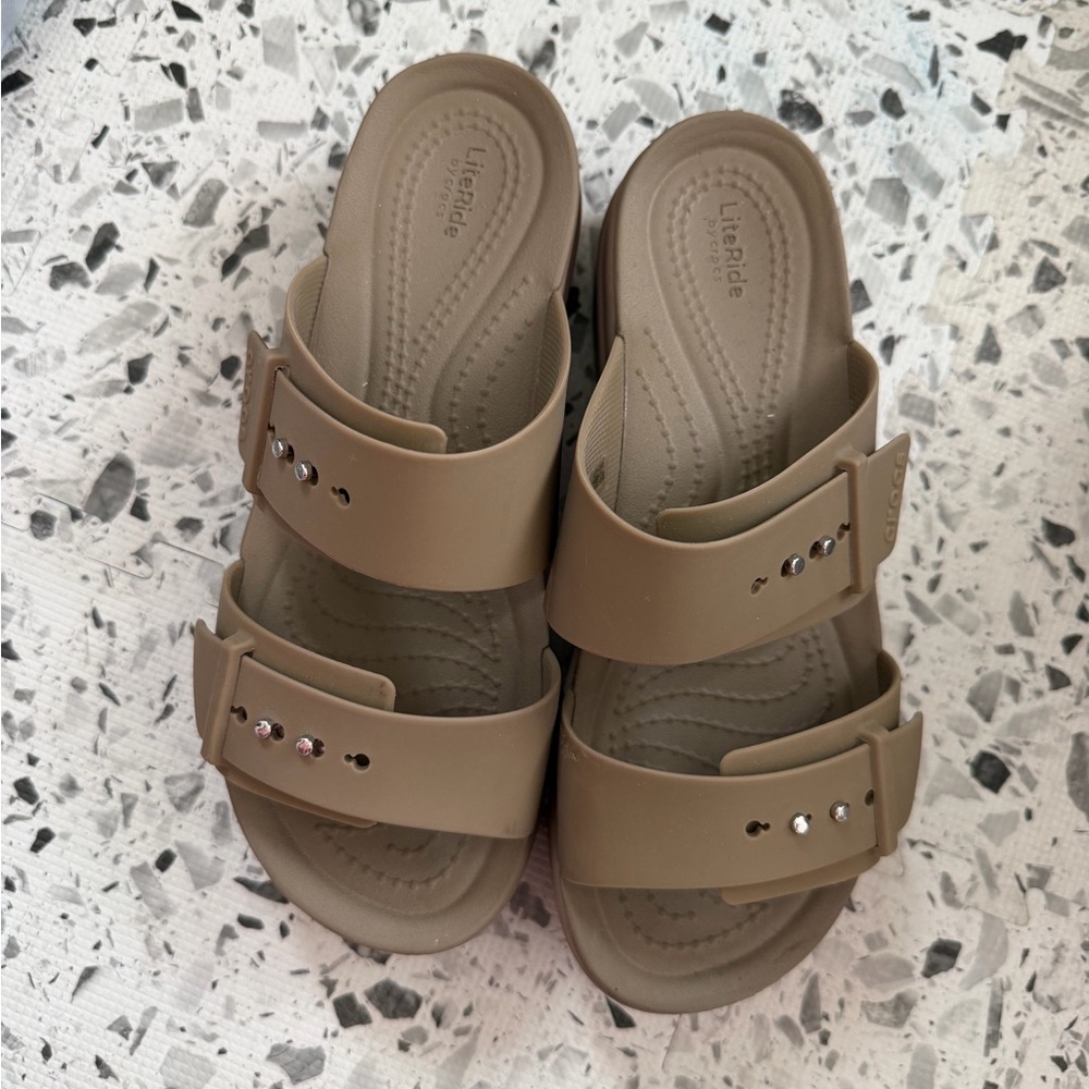 CROCS Tan Slide Sandals with Buckle Straps